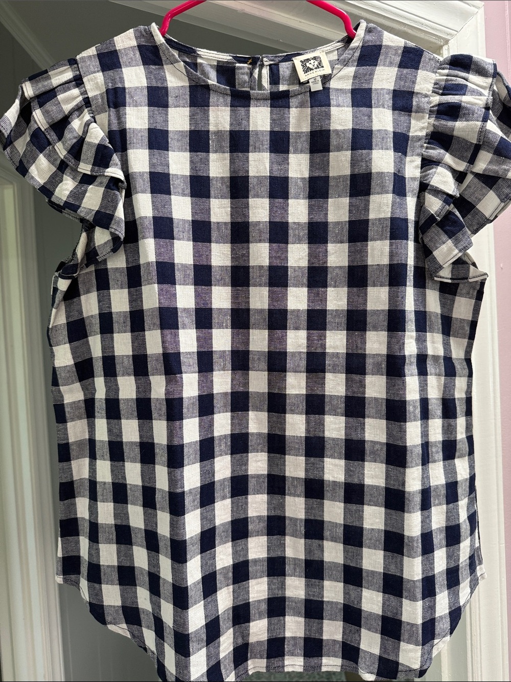 Classic Navy and White Gingham Ruffle-Sleeve Top - Womens